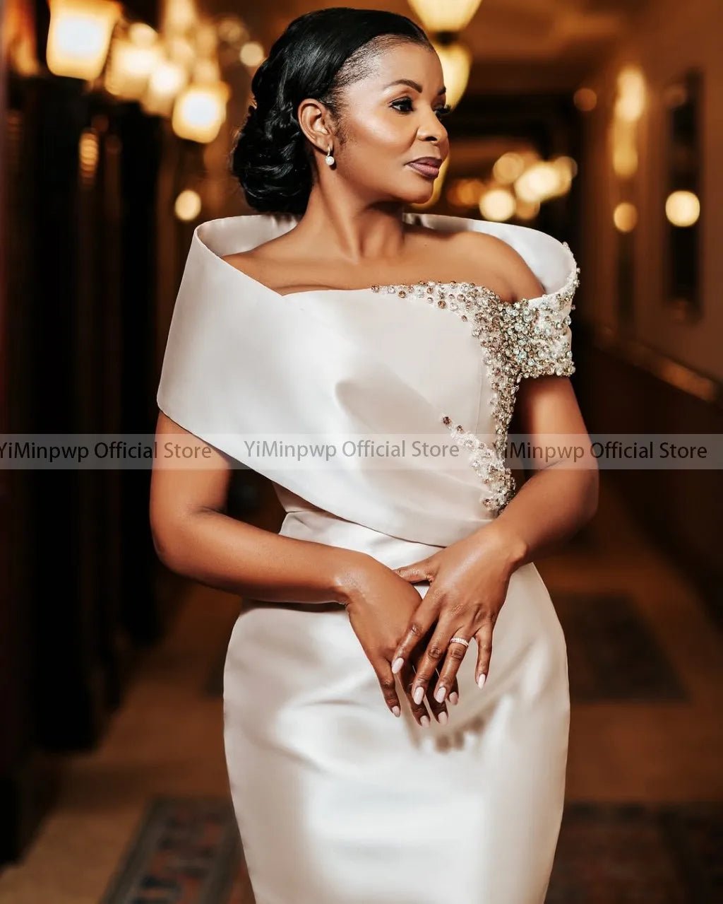 Champagne Off-Shoulder Crystal Satin Mother of the Bride Dress - Luzilly Bridal & Apparel