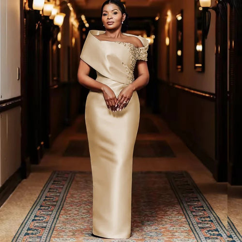 Champagne Off-Shoulder Crystal Satin Mother of the Bride Dress - Luzilly Bridal & Apparel