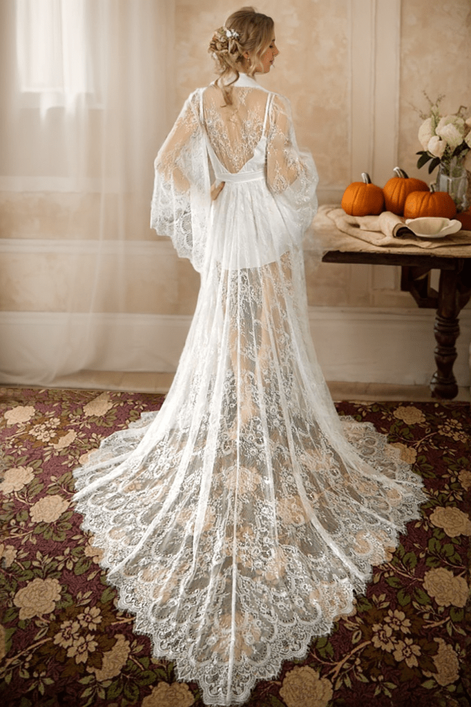 Chantilly Floral Lace Long Robe Set with Train - Next Day Shipping - Luzilly Bridal & Apparel