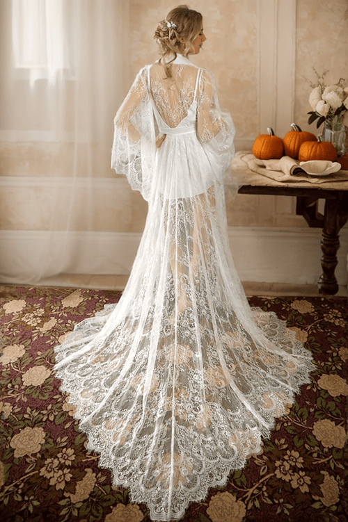 Chantilly Floral Lace Long Robe Set with Train - Next Day Shipping - Luzilly Bridal & Apparel