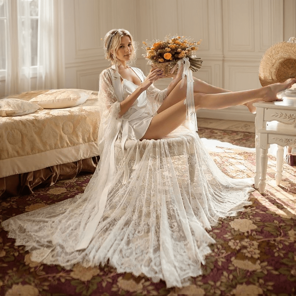 Chantilly Floral Lace Long Robe Set with Train - Next Day Shipping - Luzilly Bridal & Apparel