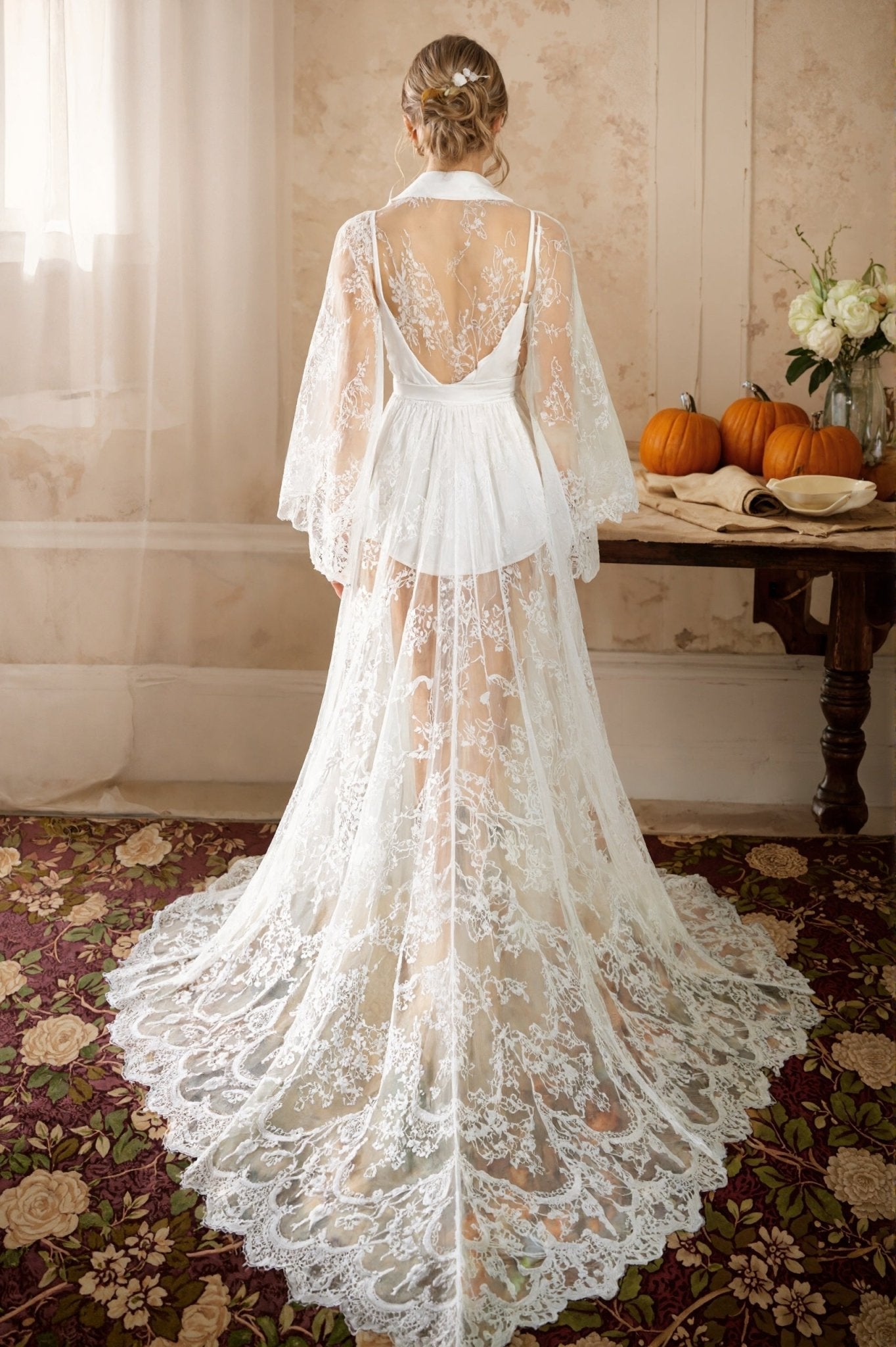 Chantilly Floral Lace Long Robe Set with Train - Next Day Shipping - Luzilly Bridal & Apparel