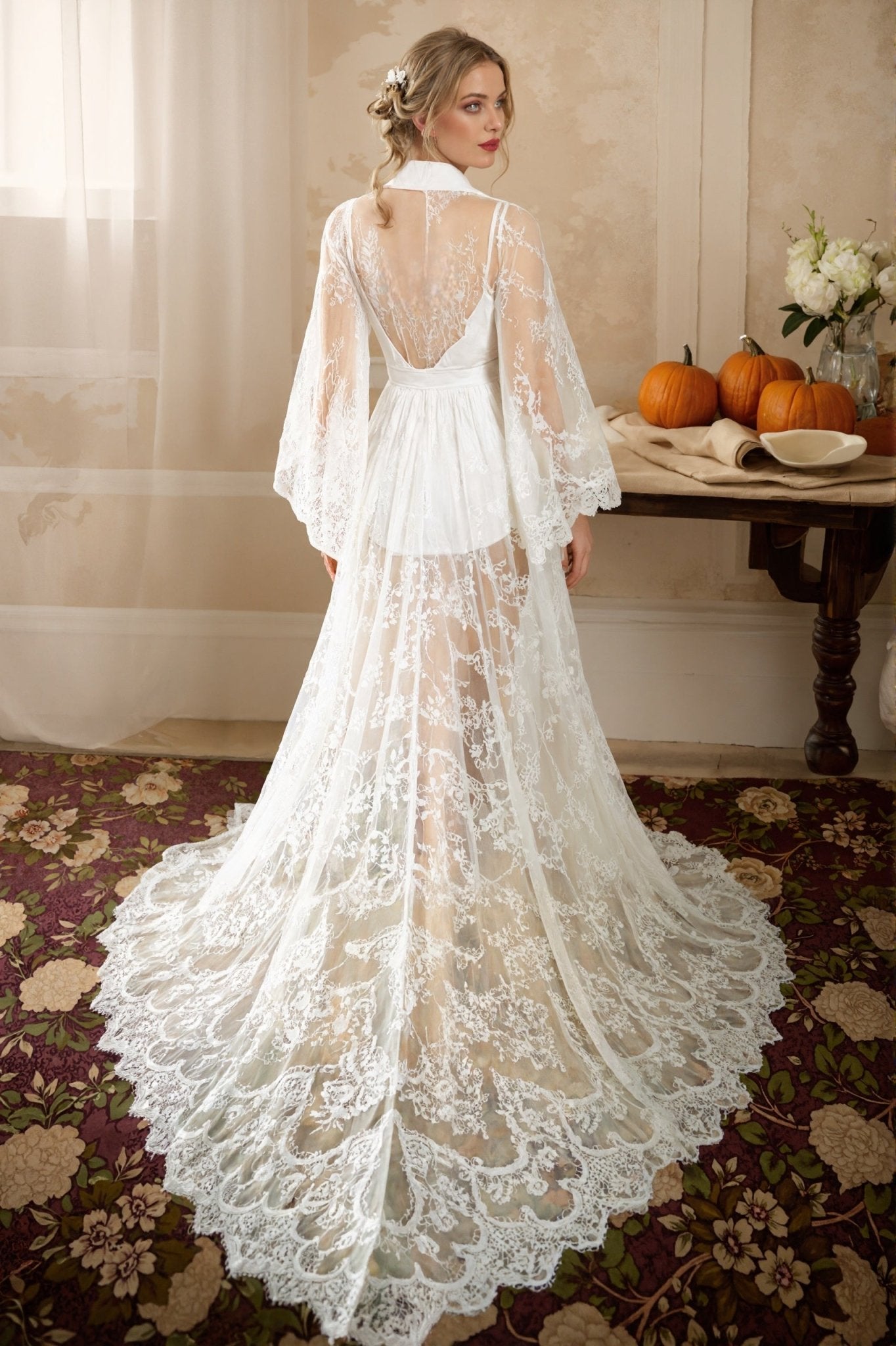 Chantilly Floral Lace Long Robe Set with Train - Next Day Shipping - Luzilly Bridal & Apparel