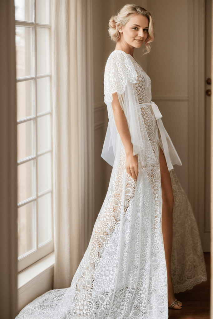 Chantilly Floral Lace Tulle Mesh Long Bridal Robe with Train - Luzilly Bridal & Apparel