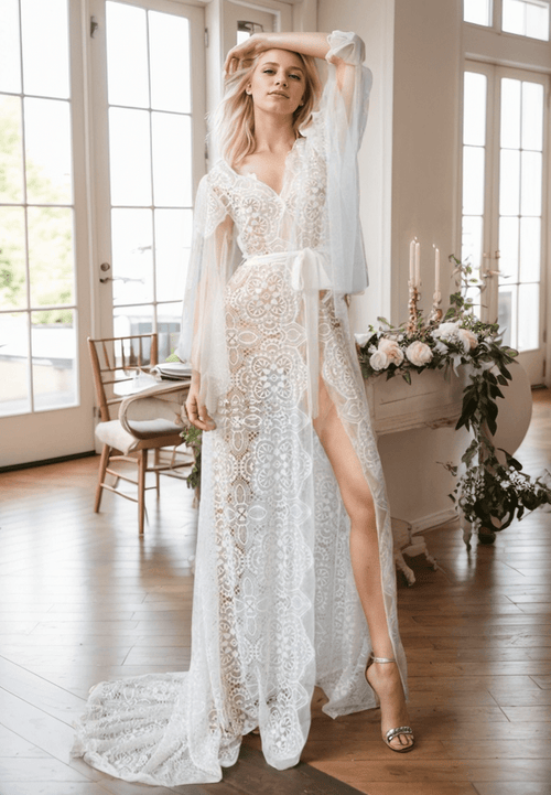 Chantilly Floral Lace Tulle Mesh Long Bridal Robe with Train - Luzilly Bridal & Apparel
