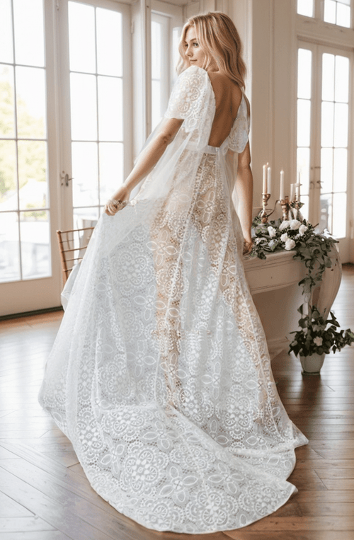 Chantilly Floral Lace Tulle Mesh Long Bridal Robe with Train - Luzilly Bridal & Apparel