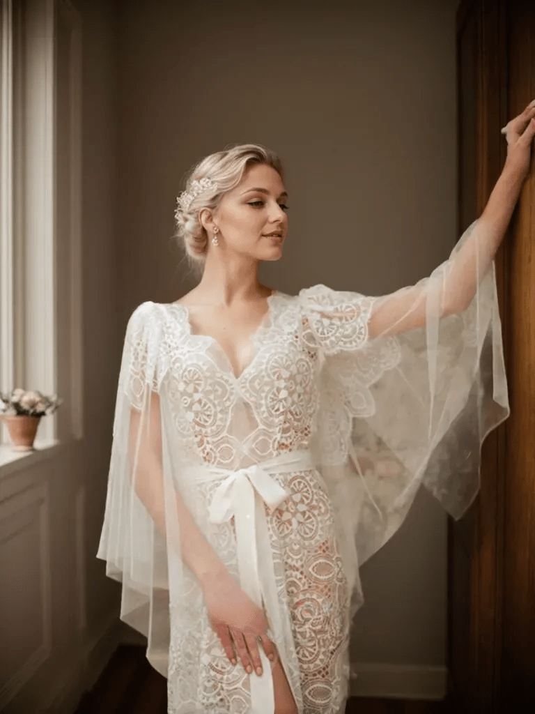 Chantilly Floral Lace Tulle Mesh Long Bridal Robe with Train - Luzilly Bridal & Apparel