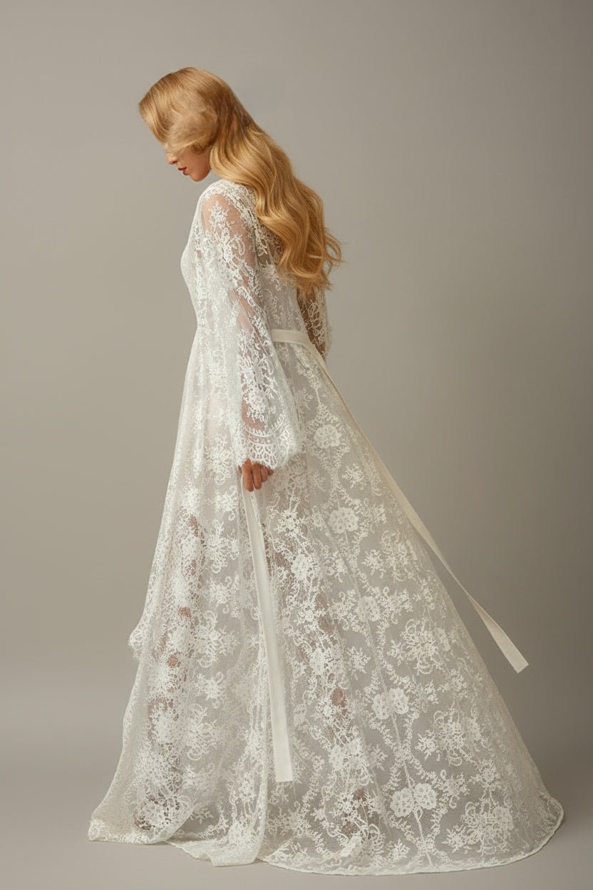 Chantilly Lace Long Robe with Silky Satin Lace Nightgown - next day shipping - Luzilly Bridal & Apparel