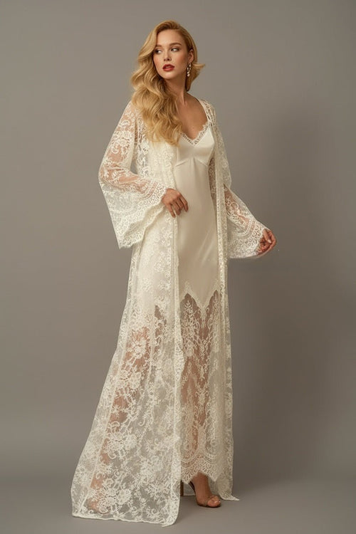 Chantilly Lace Long Robe with Silky Satin Lace Nightgown - next day shipping - Luzilly Bridal & Apparel