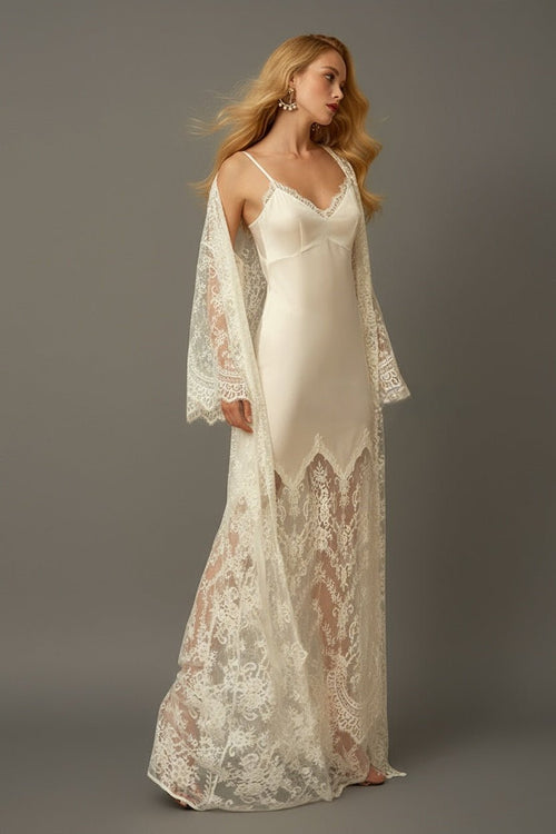 Chantilly Lace Long Robe with Silky Satin Lace Nightgown - next day shipping - Luzilly Bridal & Apparel