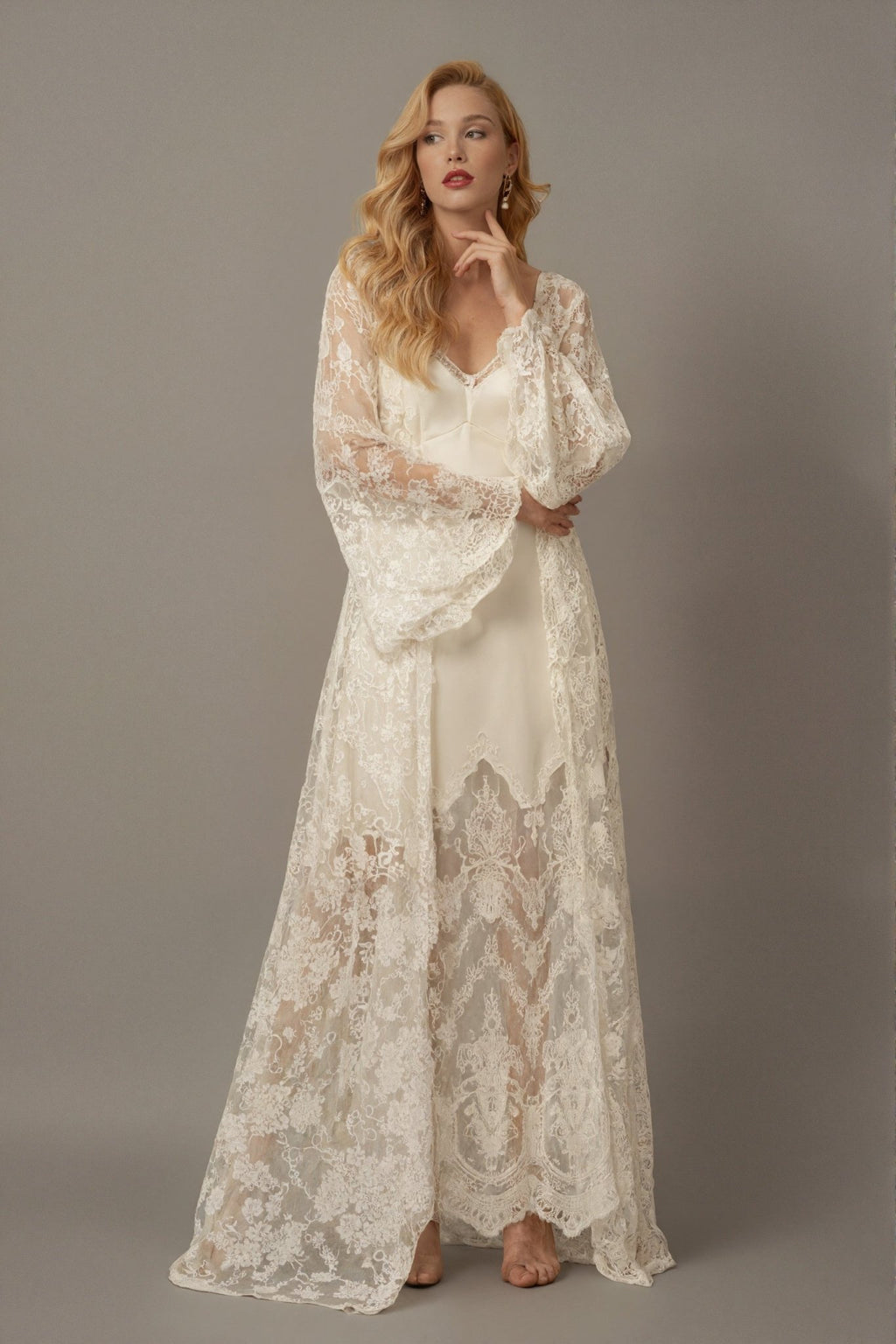 Chantilly Lace Long Robe with Silky Satin Lace Nightgown - next day shipping - Luzilly Bridal & Apparel