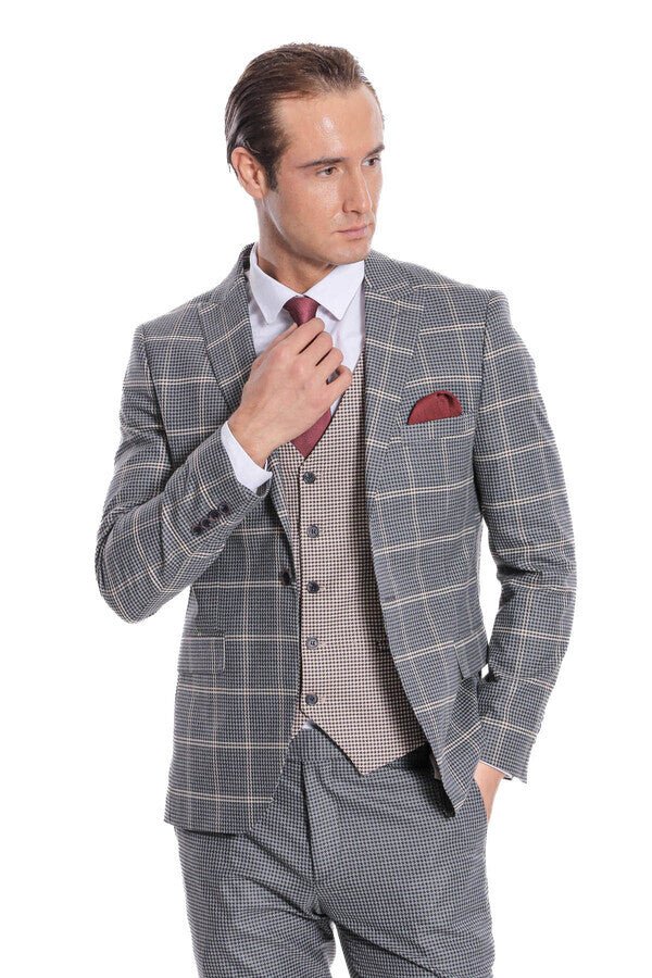 Checked Patterned Beige Vested Slim Fit Grey Men Suit - Wessi - Luzilly Bridal & Apparel