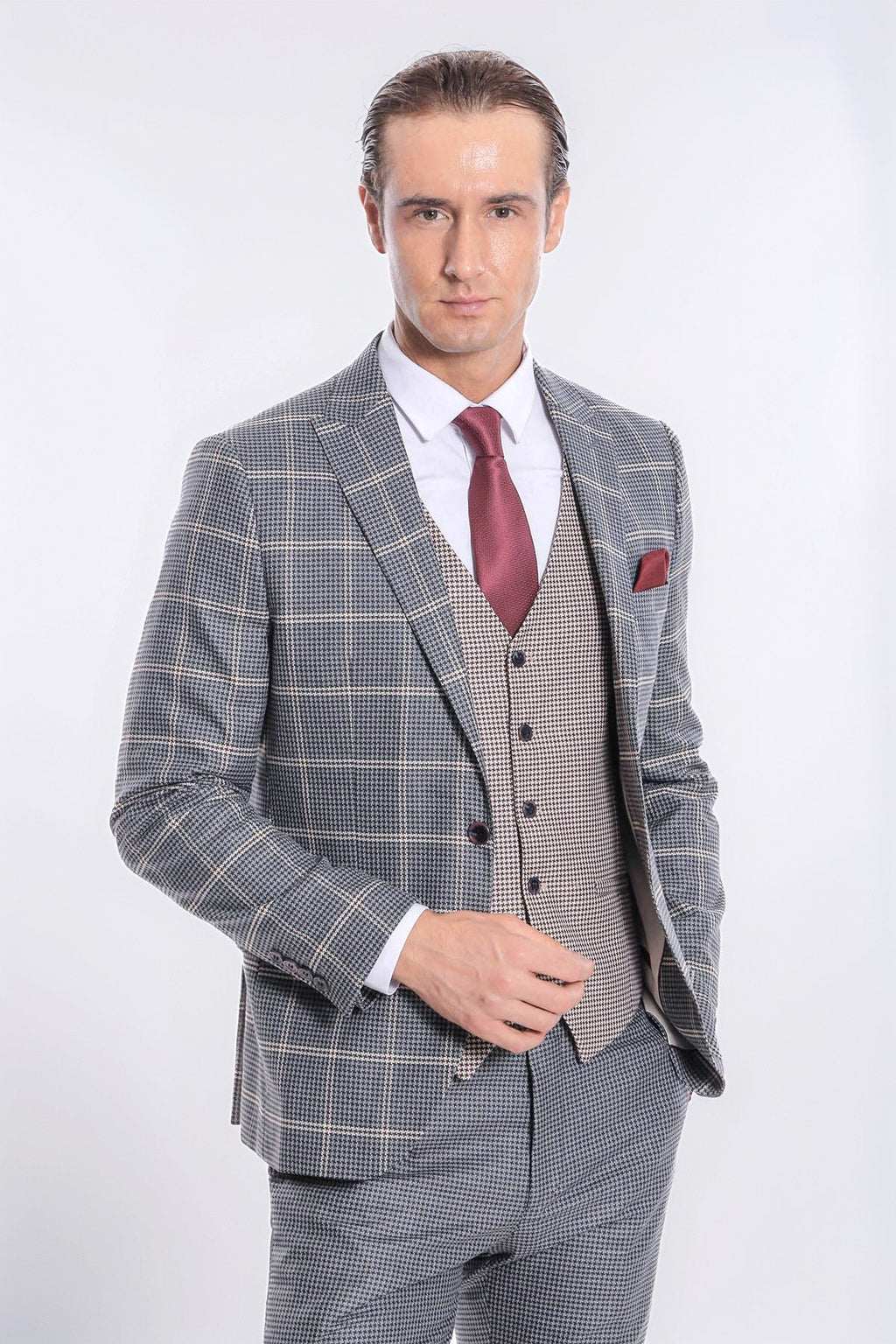 Checked Patterned Beige Vested Slim Fit Grey Men Suit - Wessi - Luzilly Bridal & Apparel