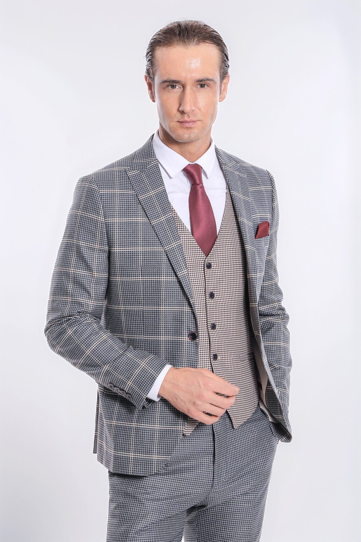 Checked Patterned Beige Vested Slim Fit Grey Men Suit - Wessi - Luzilly Bridal & Apparel