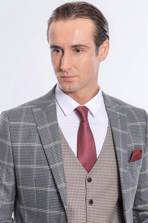 Checked Patterned Beige Vested Slim Fit Grey Men Suit - Wessi - Luzilly Bridal & Apparel