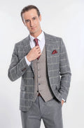 Checked Patterned Beige Vested Slim Fit Grey Men Suit - Wessi - Luzilly Bridal & Apparel