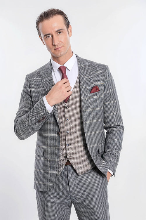 Checked Patterned Beige Vested Slim Fit Grey Men Suit - Wessi - Luzilly Bridal & Apparel