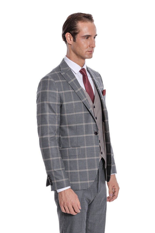 Checked Patterned Beige Vested Slim Fit Grey Men Suit - Wessi - Luzilly Bridal & Apparel