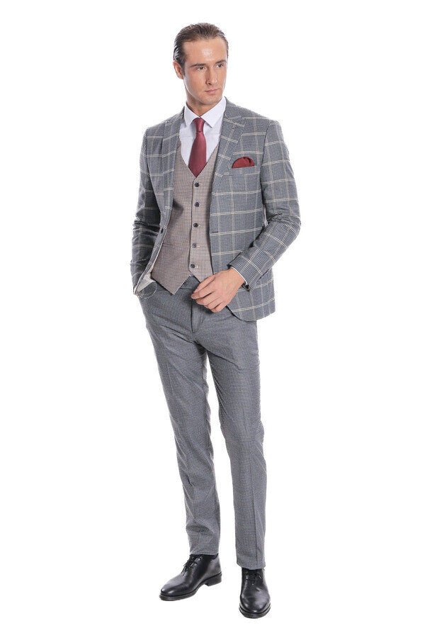 Checked Patterned Beige Vested Slim Fit Grey Men Suit - Wessi - Luzilly Bridal & Apparel