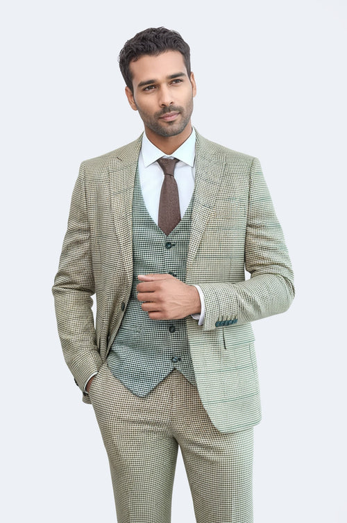 Checked Patterned Slim Fit Beige Men Suit - Wessi - Luzilly Bridal & Apparel