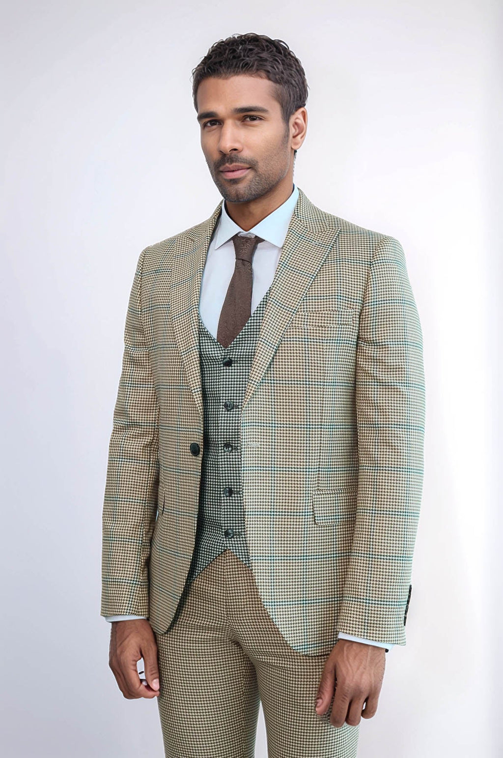 Checked Patterned Slim Fit Beige Men Suit - Wessi - Luzilly Bridal & Apparel