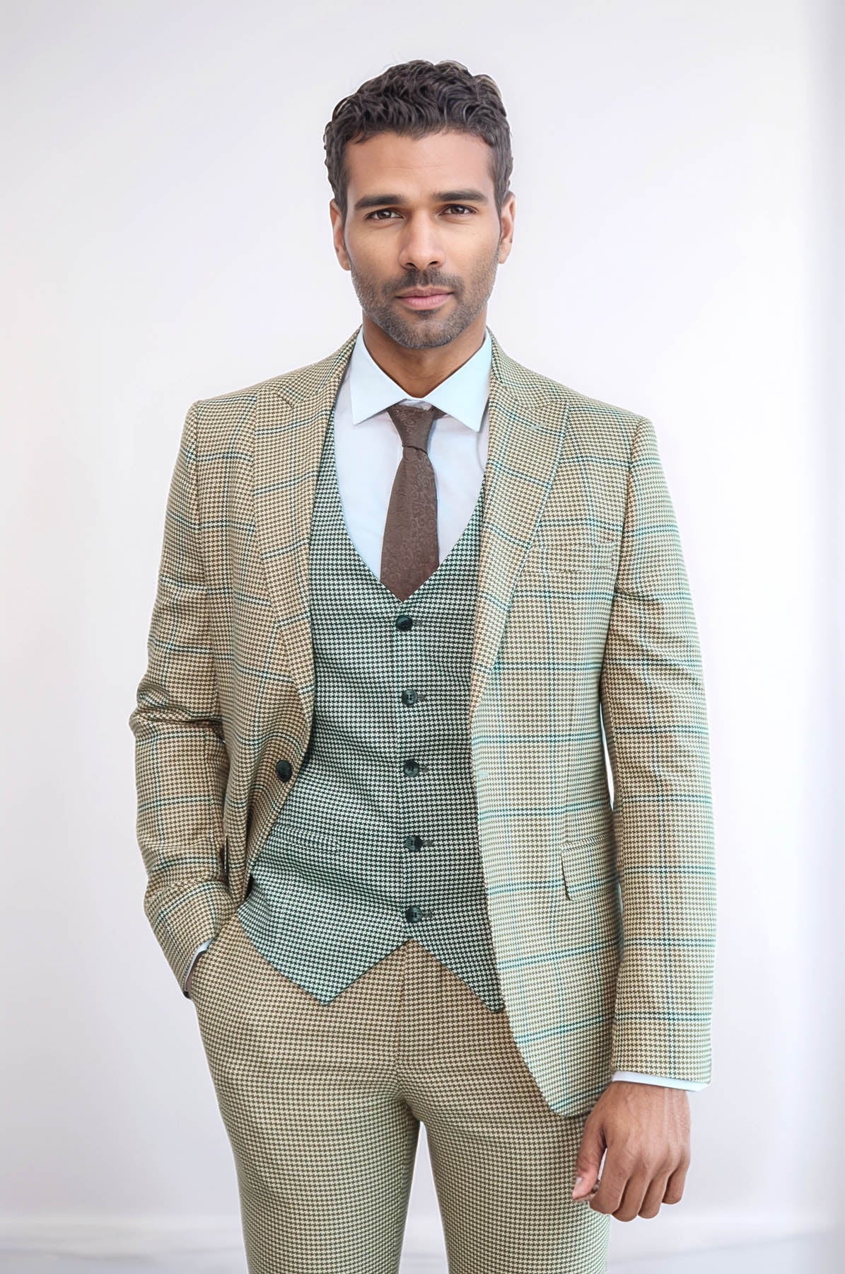 Checked Patterned Slim Fit Beige Men Suit - Wessi - Luzilly Bridal & Apparel