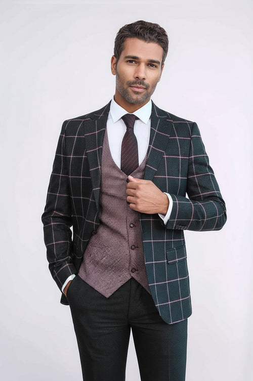 Checked Patterned Slim Fit Black Men Suit - Wessi - Luzilly Bridal & Apparel