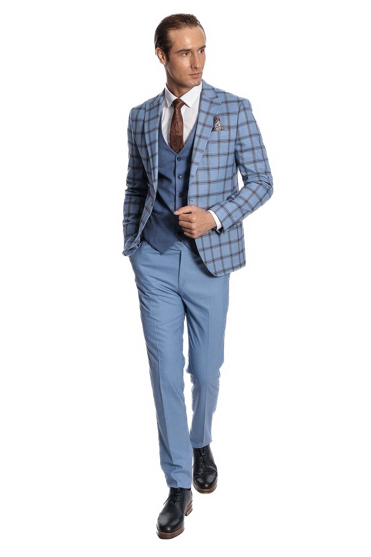 Checked Patterned Slim Fit Blue Men Suit - Wessi - Luzilly Bridal & Apparel