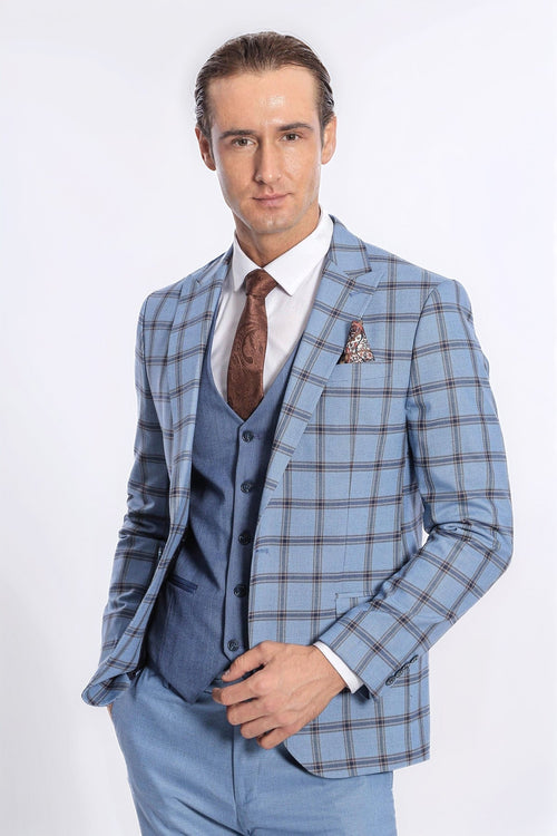 Checked Patterned Slim Fit Blue Men Suit - Wessi - Luzilly Bridal & Apparel