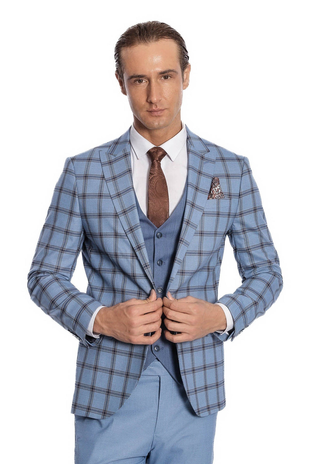 Checked Patterned Slim Fit Blue Men Suit - Wessi - Luzilly Bridal & Apparel