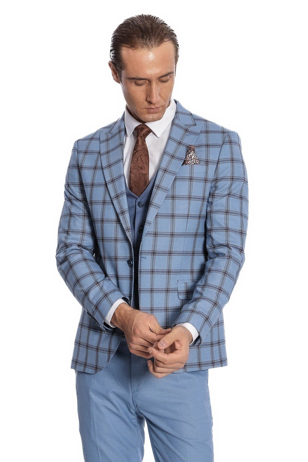 Checked Patterned Slim Fit Blue Men Suit - Wessi - Luzilly Bridal & Apparel