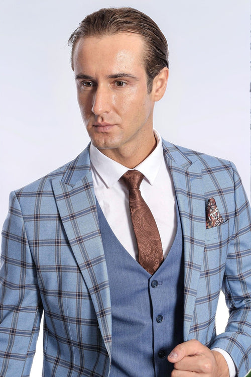 Checked Patterned Slim Fit Blue Men Suit - Wessi - Luzilly Bridal & Apparel
