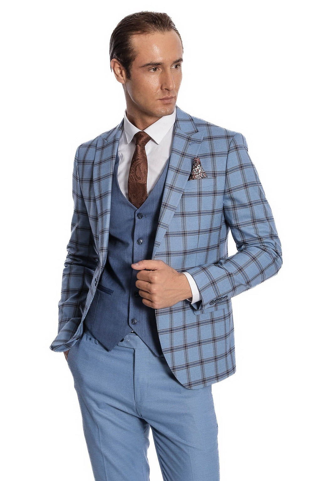 Checked Patterned Slim Fit Blue Men Suit - Wessi - Luzilly Bridal & Apparel