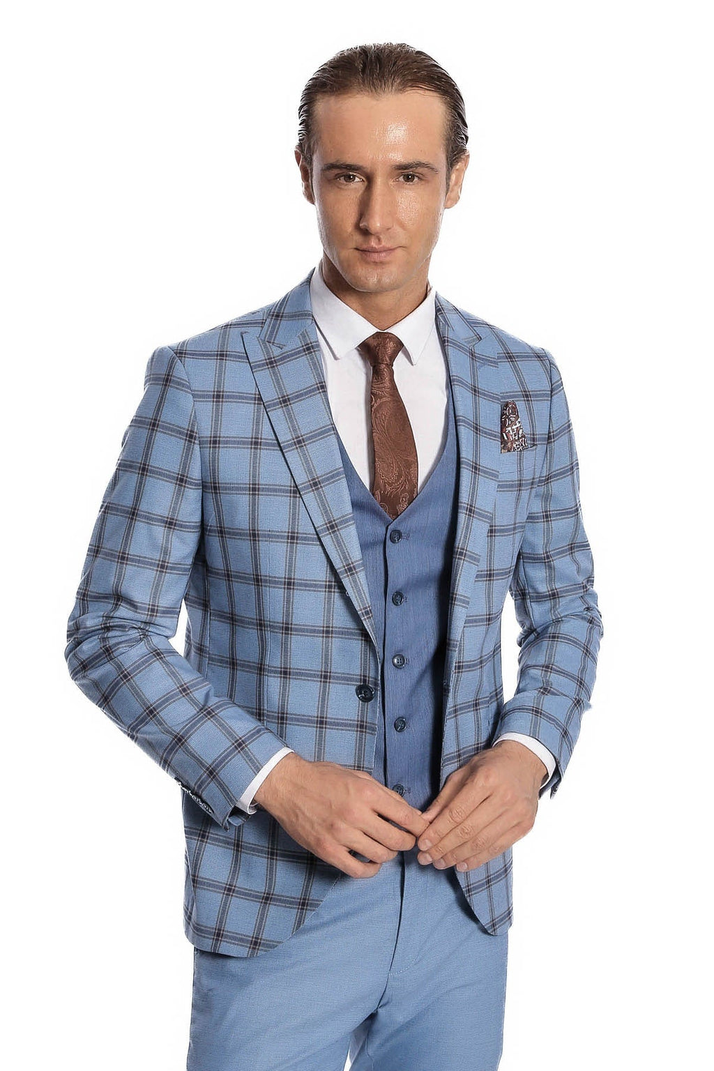 Checked Patterned Slim Fit Blue Men Suit - Wessi - Luzilly Bridal & Apparel