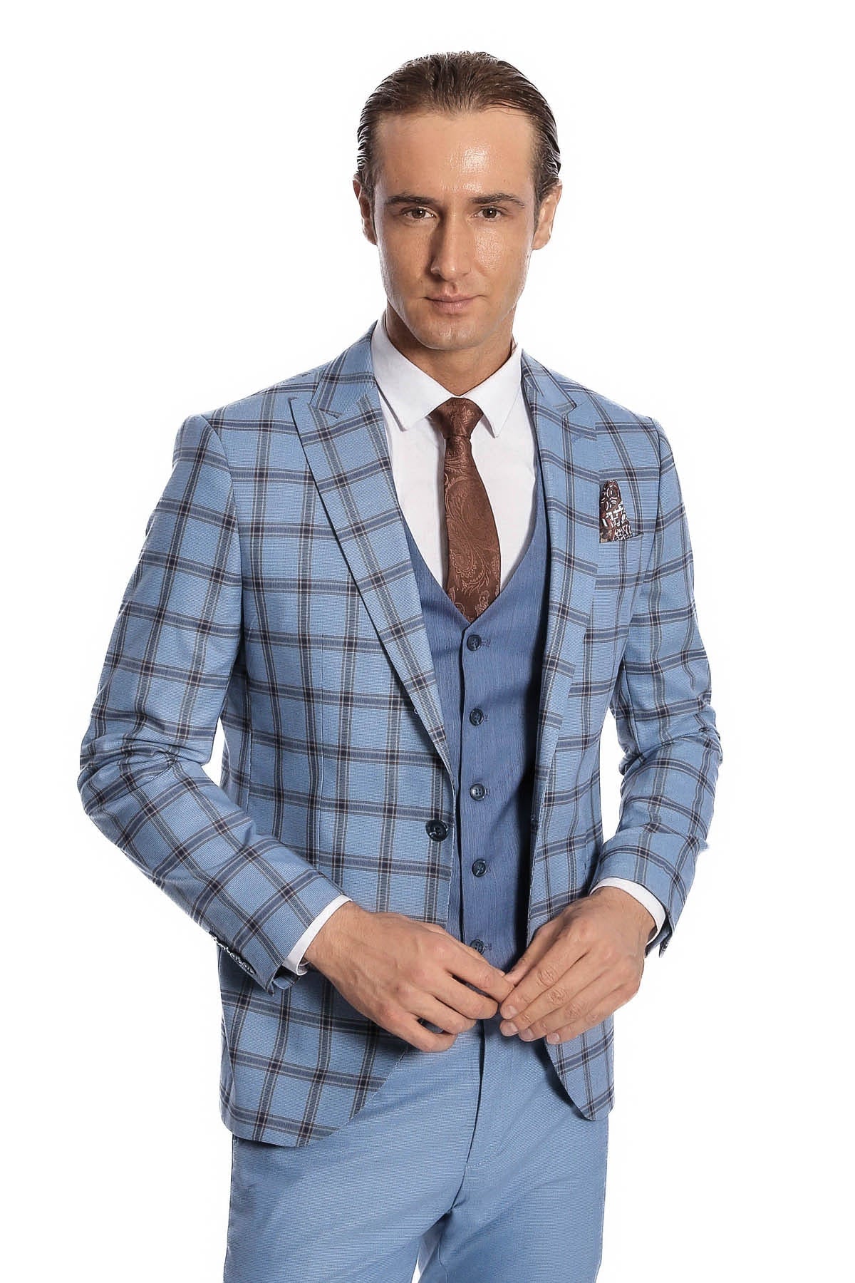 Checked Patterned Slim Fit Blue Men Suit - Wessi - Luzilly Bridal & Apparel