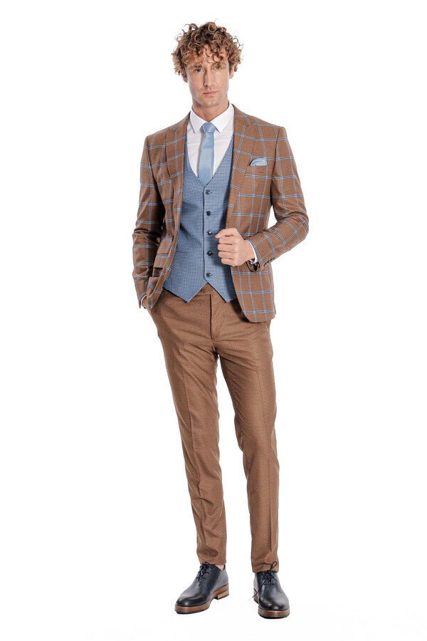 Checked Patterned Slim Fit Brown Men Suit - Wessi - Luzilly Bridal & Apparel