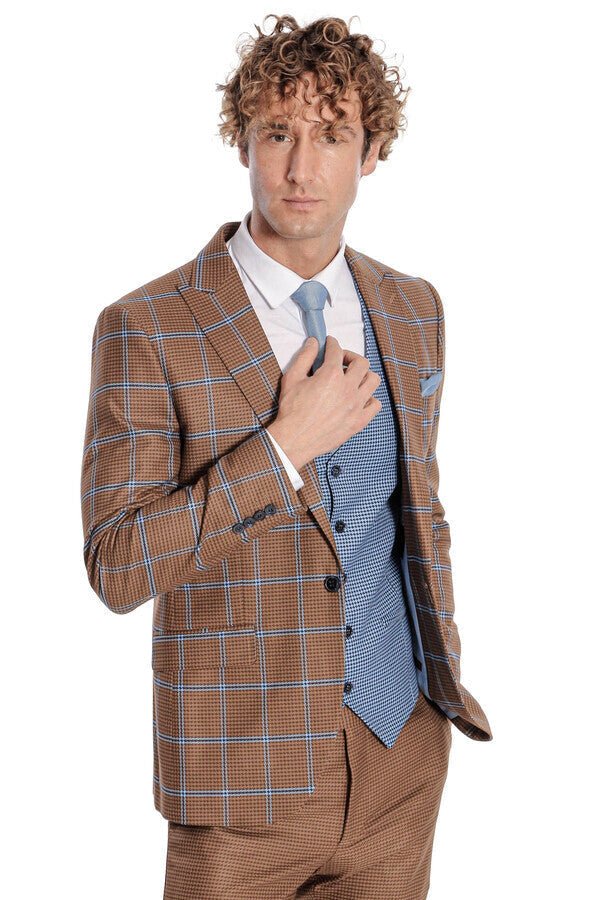 Checked Patterned Slim Fit Brown Men Suit - Wessi - Luzilly Bridal & Apparel