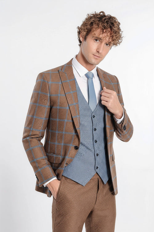 Checked Patterned Slim Fit Brown Men Suit - Wessi - Luzilly Bridal & Apparel