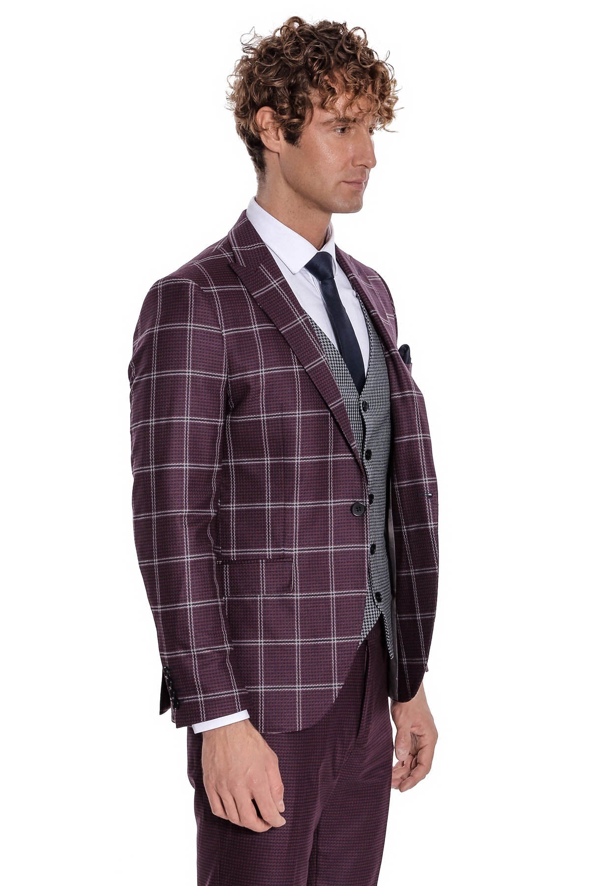 Checked Patterned Slim Fit Burgundy Men Suit - Wessi - Luzilly Bridal & Apparel