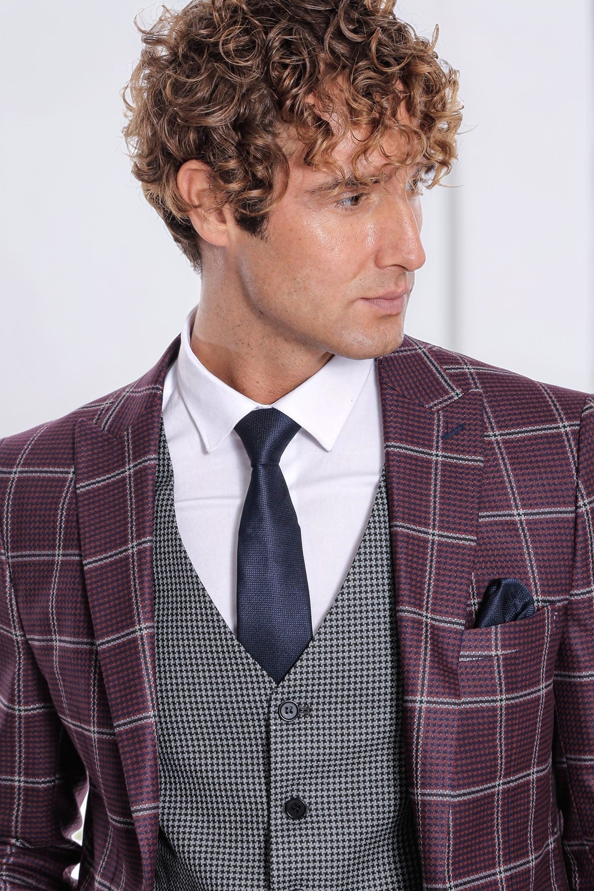 Checked Patterned Slim Fit Burgundy Men Suit - Wessi - Luzilly Bridal & Apparel