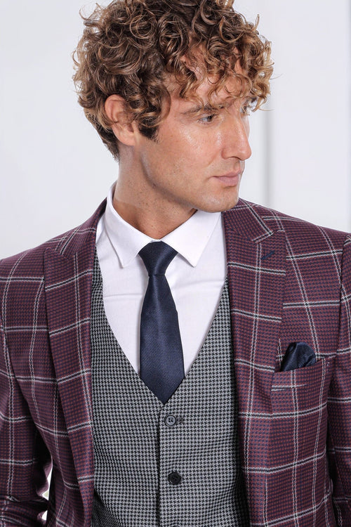 Checked Patterned Slim Fit Burgundy Men Suit - Wessi - Luzilly Bridal & Apparel