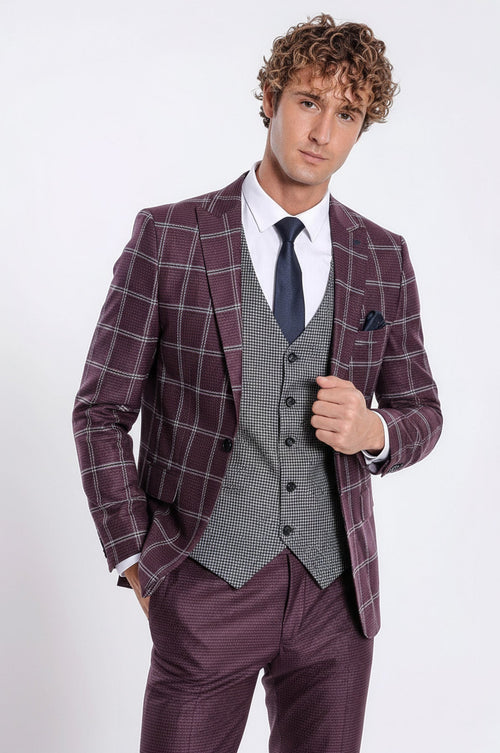 Checked Patterned Slim Fit Burgundy Men Suit - Wessi - Luzilly Bridal & Apparel