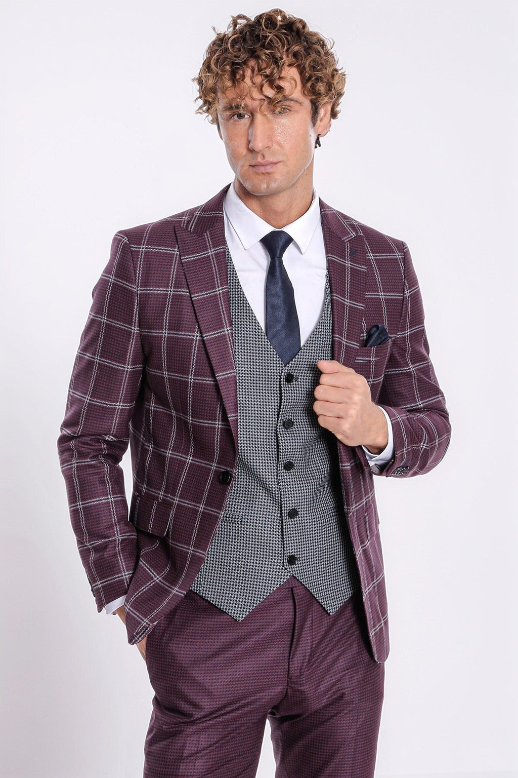 Checked Patterned Slim Fit Burgundy Men Suit - Wessi - Luzilly Bridal & Apparel