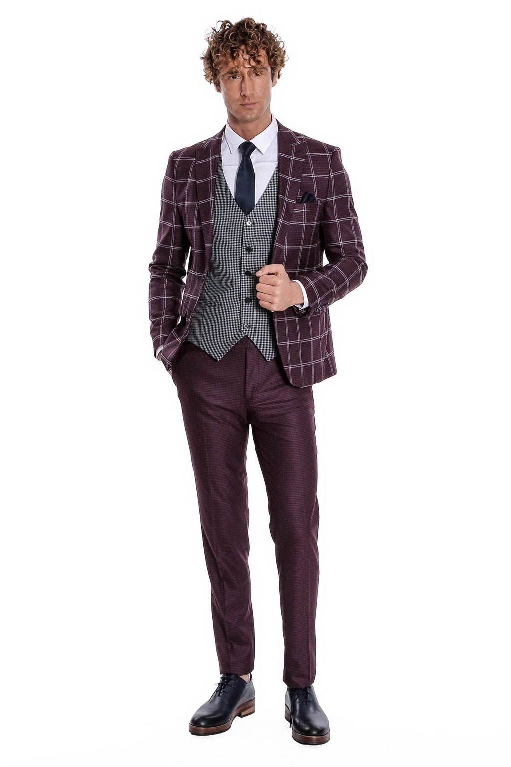 Checked Patterned Slim Fit Burgundy Men Suit - Wessi - Luzilly Bridal & Apparel