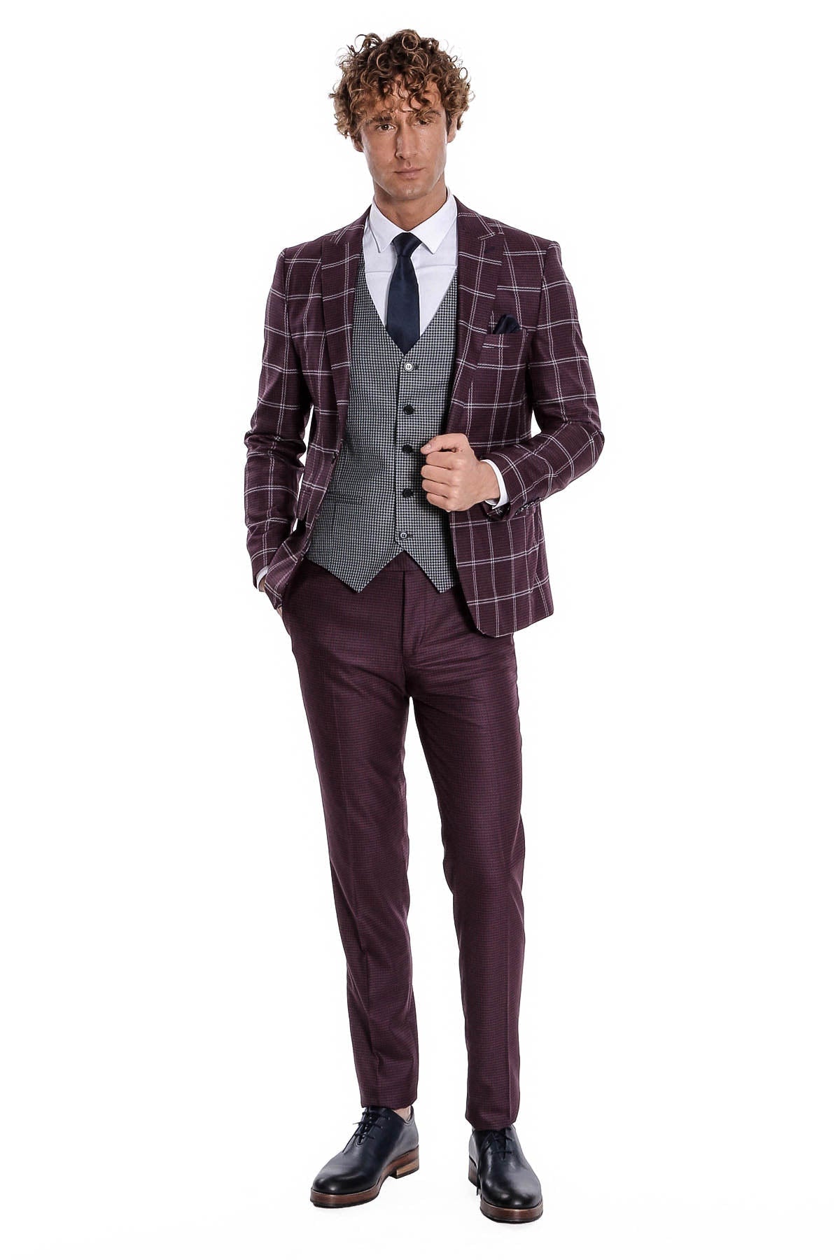 Checked Patterned Slim Fit Burgundy Men Suit - Wessi - Luzilly Bridal & Apparel