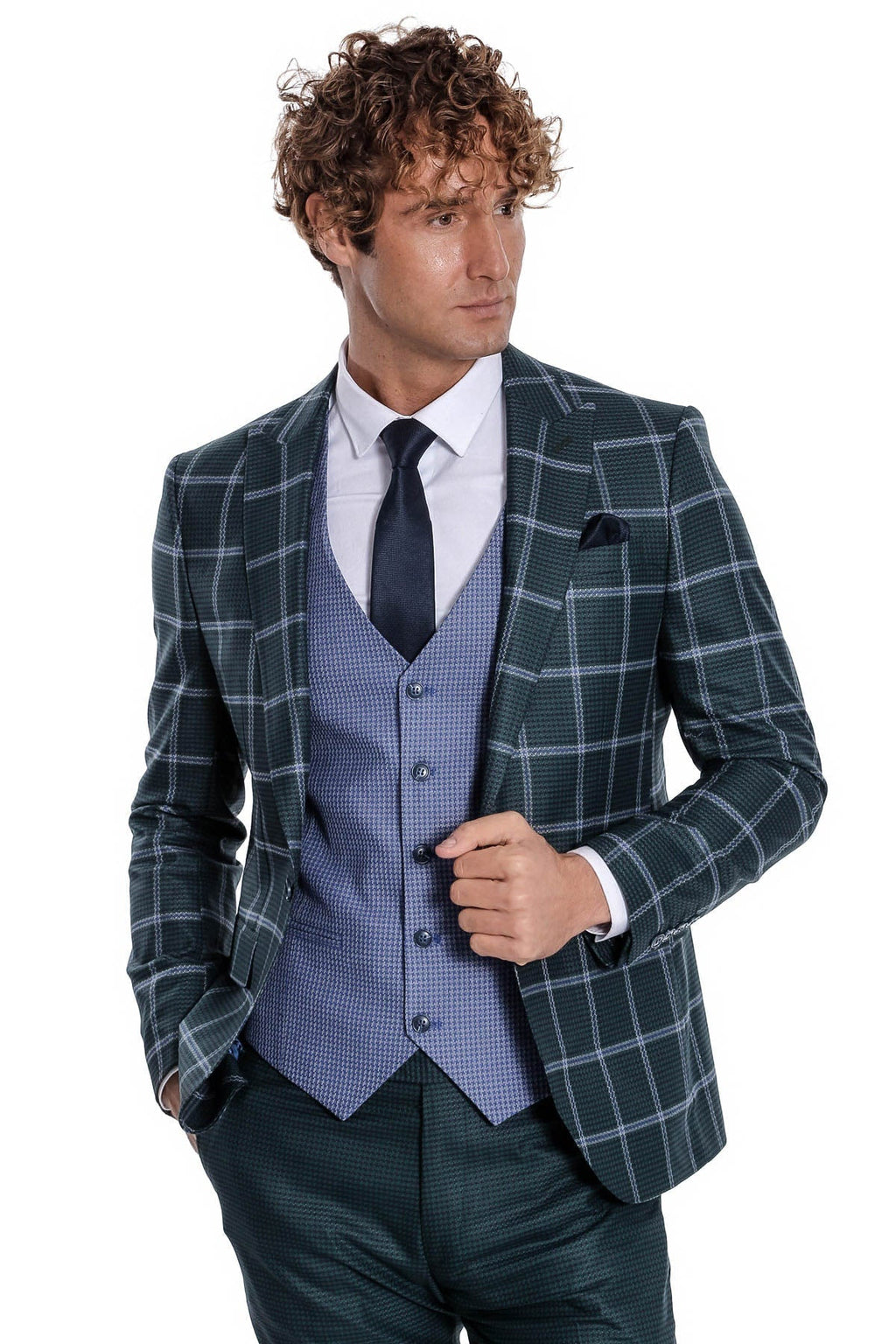 Checked Patterned Slim Fit Green Men Suit - Wessi - Luzilly Bridal & Apparel