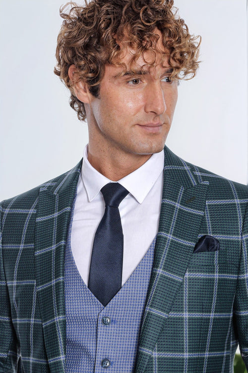 Checked Patterned Slim Fit Green Men Suit - Wessi - Luzilly Bridal & Apparel