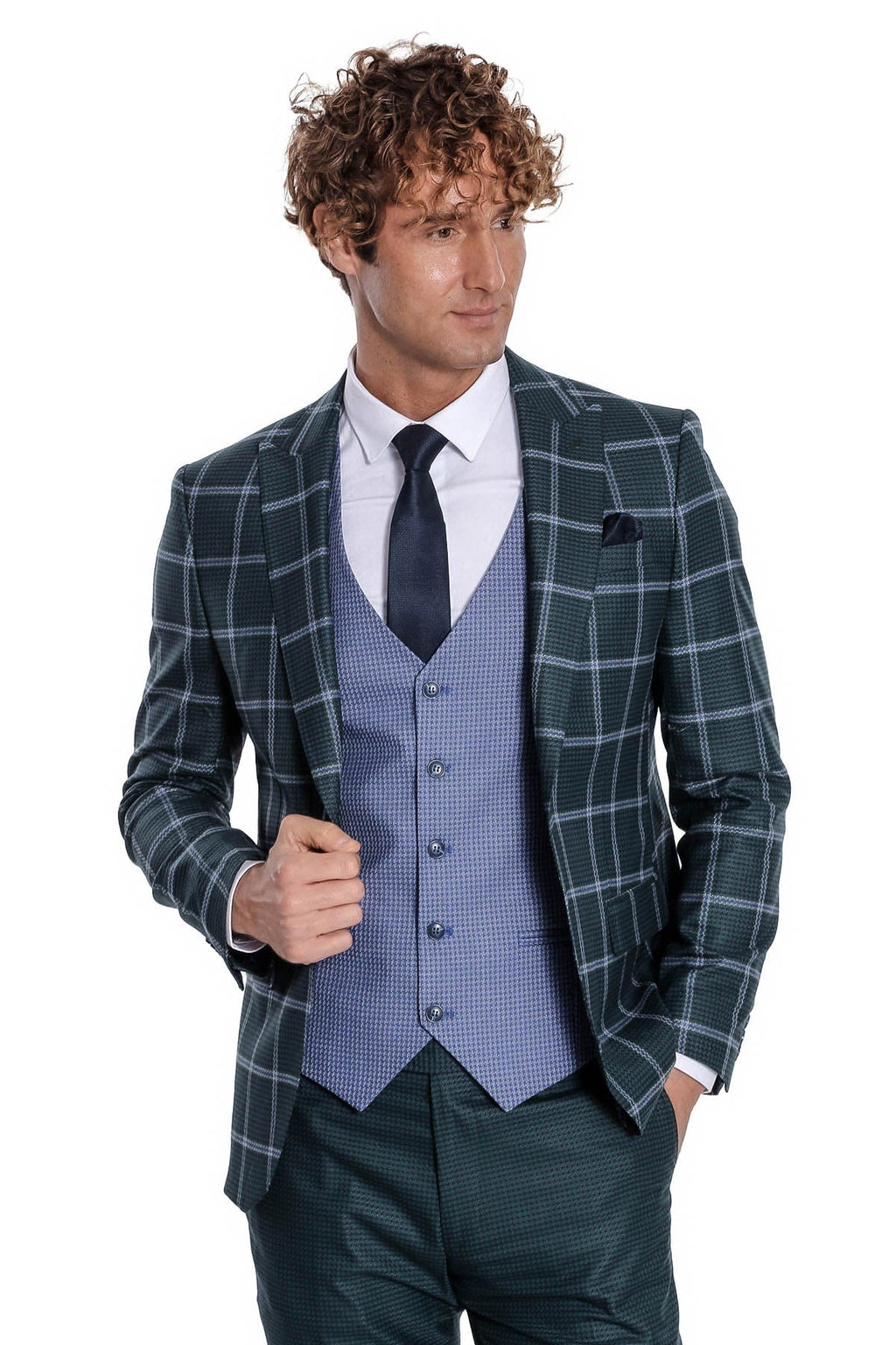 Checked Patterned Slim Fit Green Men Suit - Wessi - Luzilly Bridal & Apparel