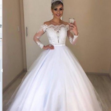 Chic Off-Shoulder V-Neck Fitted Lace Trimmed Ball Gown Wedding Dress - Luzilly Bridal & Apparel