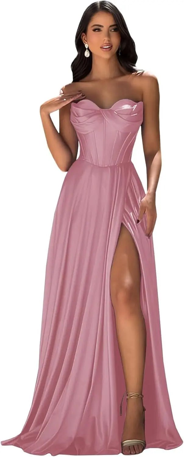 Chicbridal Women's Strapless Prom Dress Satin A-Line Long Ball Gown Sweetheart Corset Formal Dress with Pockets And Side Slit - Luzilly Bridal & Apparel